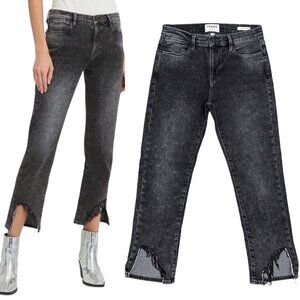 Frame Le High Straight Split Hem Frayed Jeans in Silver Strike Acid Wash Denim